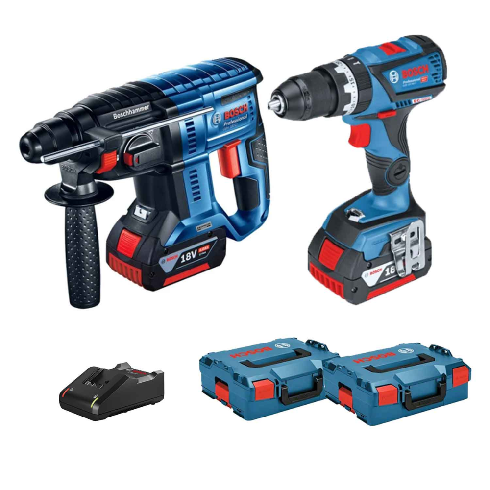 PACK: MARTELO GBH 18V-21, BERBEQUIM GSR 18V-28 + 2 BATERIAS 4,0AH, CARREGADOR E 2 MALAS L-BOXX