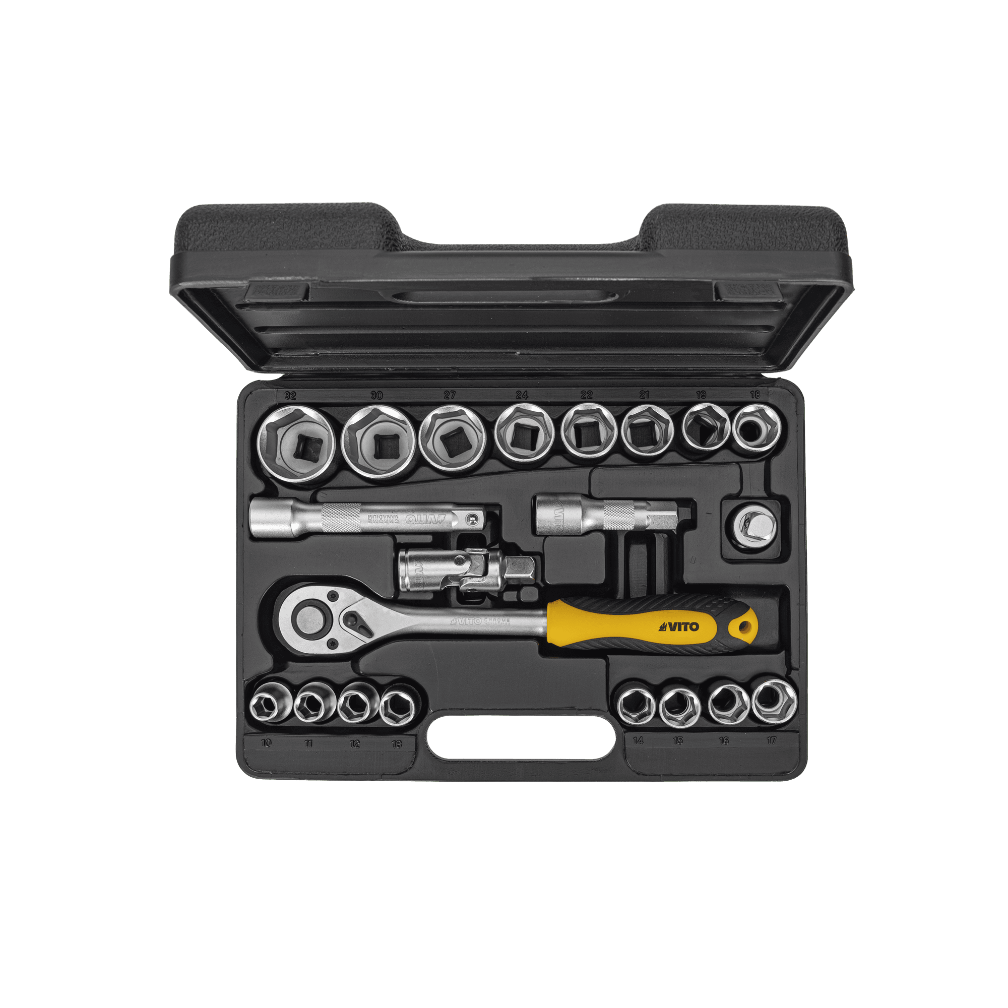 JOGO CHAVE CAIXA COM ROQUETE 1/2" - 10-32MM, 21 PEÇAS